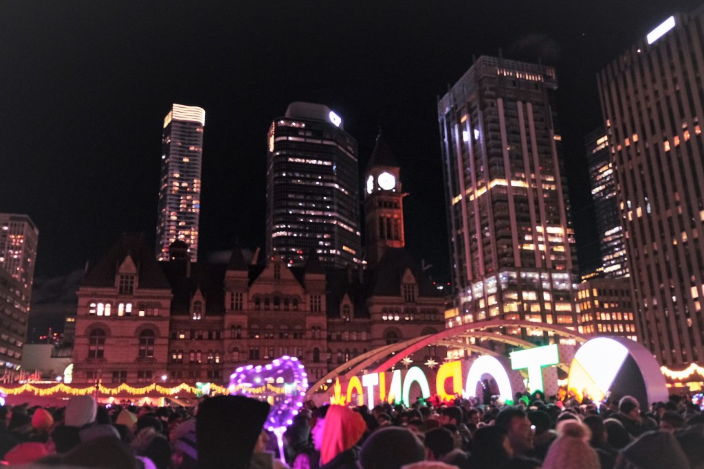 Celebrating NYE at Toronto's City Hall.